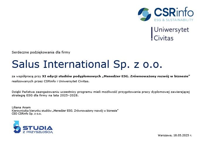 Podziękowanie od CSRinfo i Uniwersytetu Civitas dla Salus International - miniatura dokumentu